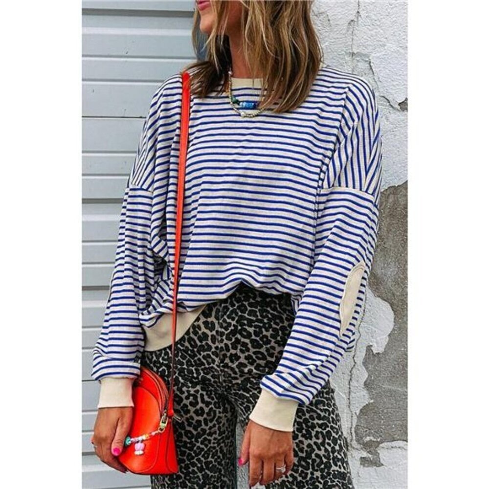 Striped Round Neck Dropped Shoulder Sweatshirt